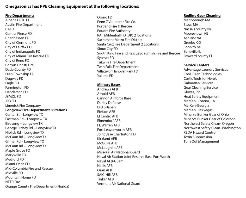Omegasonics has PPE Cleaning Equipment at the following locations ...