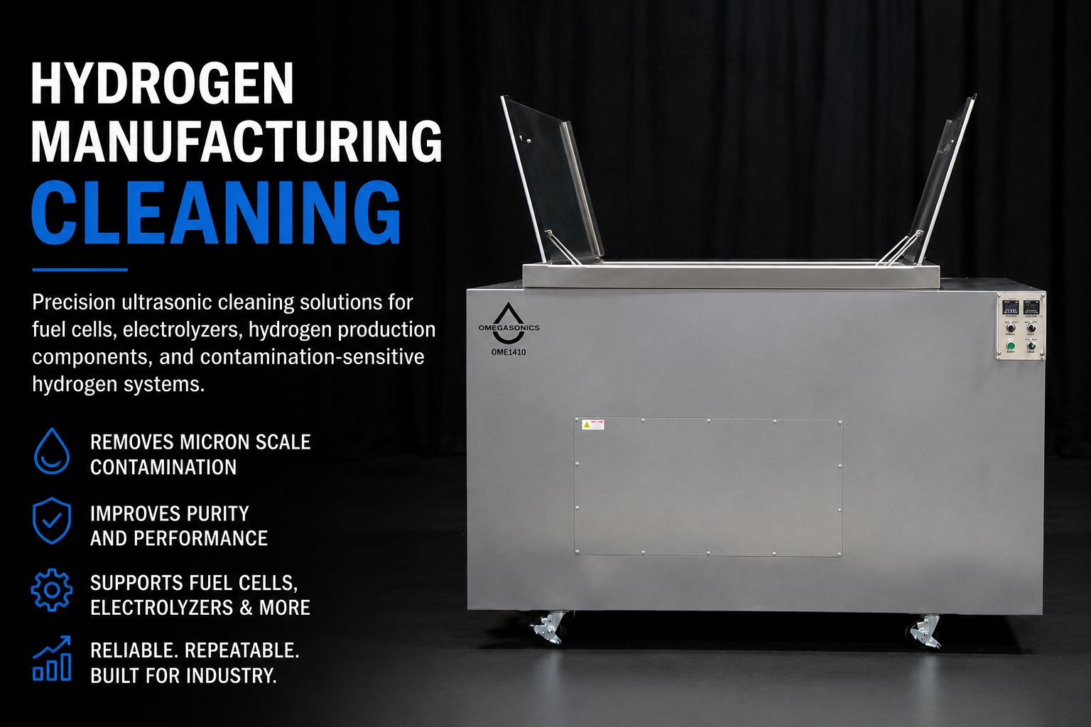 Industrial ultrasonic cleaner used for hydrogen manufacturing cleaning, fuel cell cleaning, electrolyzer cleaning, and precision hydrogen production component cleaning with contamination-sensitive industrial applications.