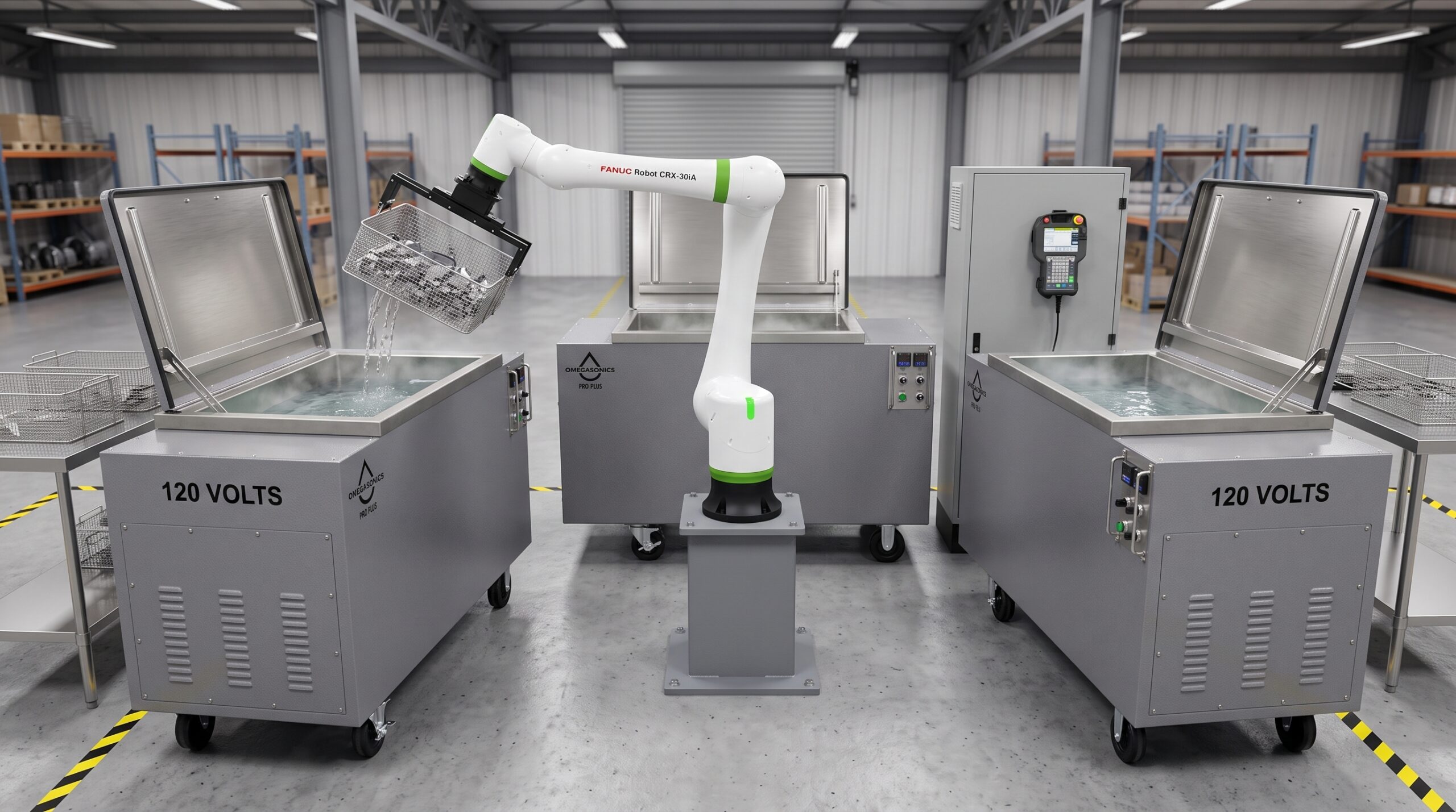 Automated ultrasonic cleaning system with robotic basket handling and Omegasonics industrial ultrasonic cleaners